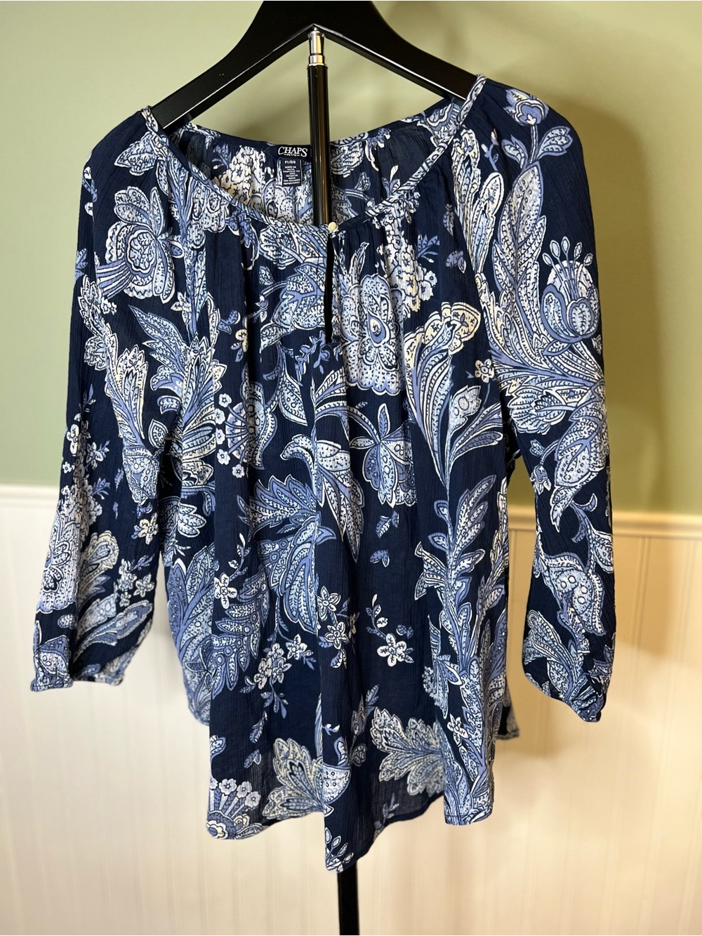 Chaps Lightweight Navy and White Cotton Paisley Blouse. Petite L